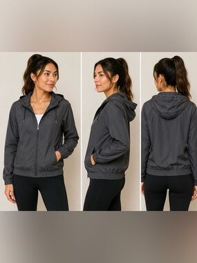 Zine Women’s Small Grey Hooded Windbreaker Jacket Lightweight Full Zip Coat